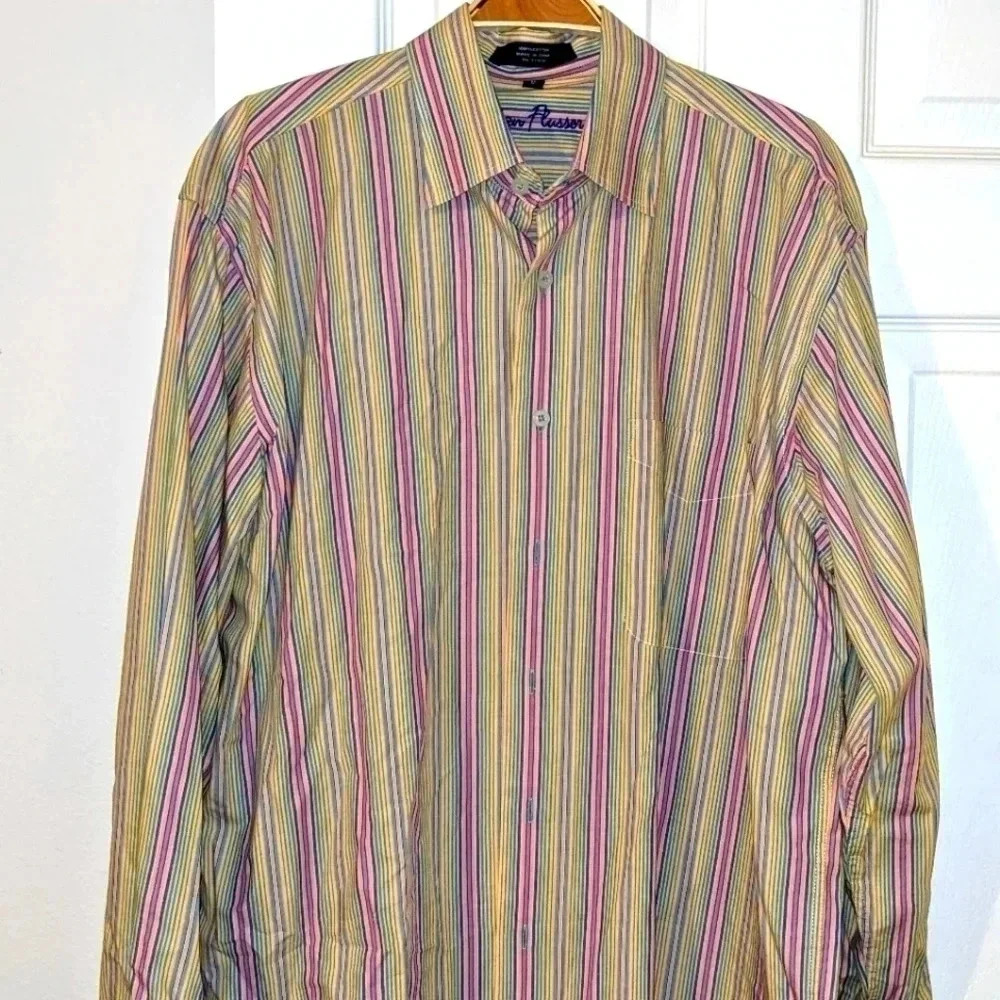 Alan Flusser Mens M Rainbow Purple‎ Stripe Cotton Long Sleeve Button Down Shirt